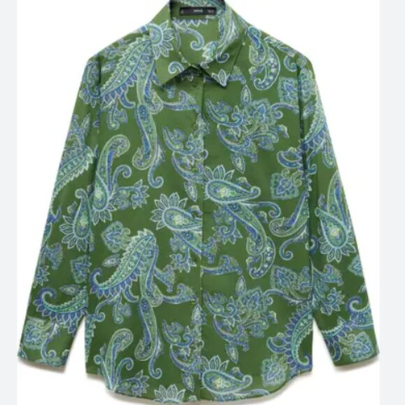 MNG Mango Green Paisley Print Long Sleeve Cotton Button Down Shirt - Picture 2 of 7